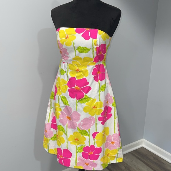 Lilly Pulitzer vintage Strapless A-Line Dress Yellow Pink size 4 floral pattern - Picture 2 of 16